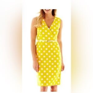 Evan Picone Yellow White Polka Dot Sleeveless Sheath Dress 12 Black Label V-Neck